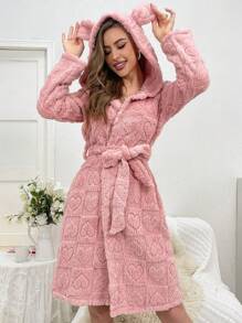 Women's 3d Ear Hooded Plush Robe - Pink - View 4