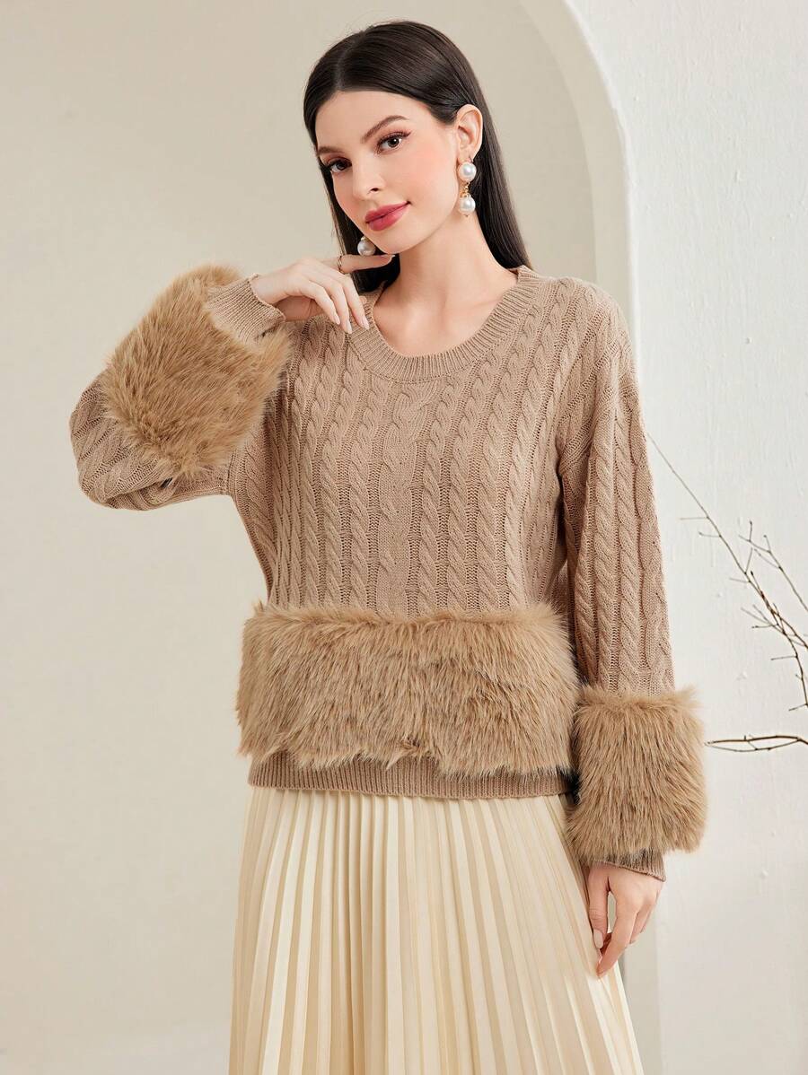 Seusyu 圓領拼接毛邊提花針織毛衣 - 卡其色 - 查看 1