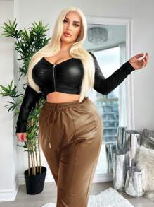 SHEIN SXY Của phụ nữ Kích thước lớn Eo dây rút Quần - màu nâu - Xem 4