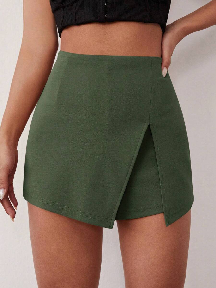 SHEIN SXY Solid Color Slim Fit Slit Culottes - Army Green - View 1