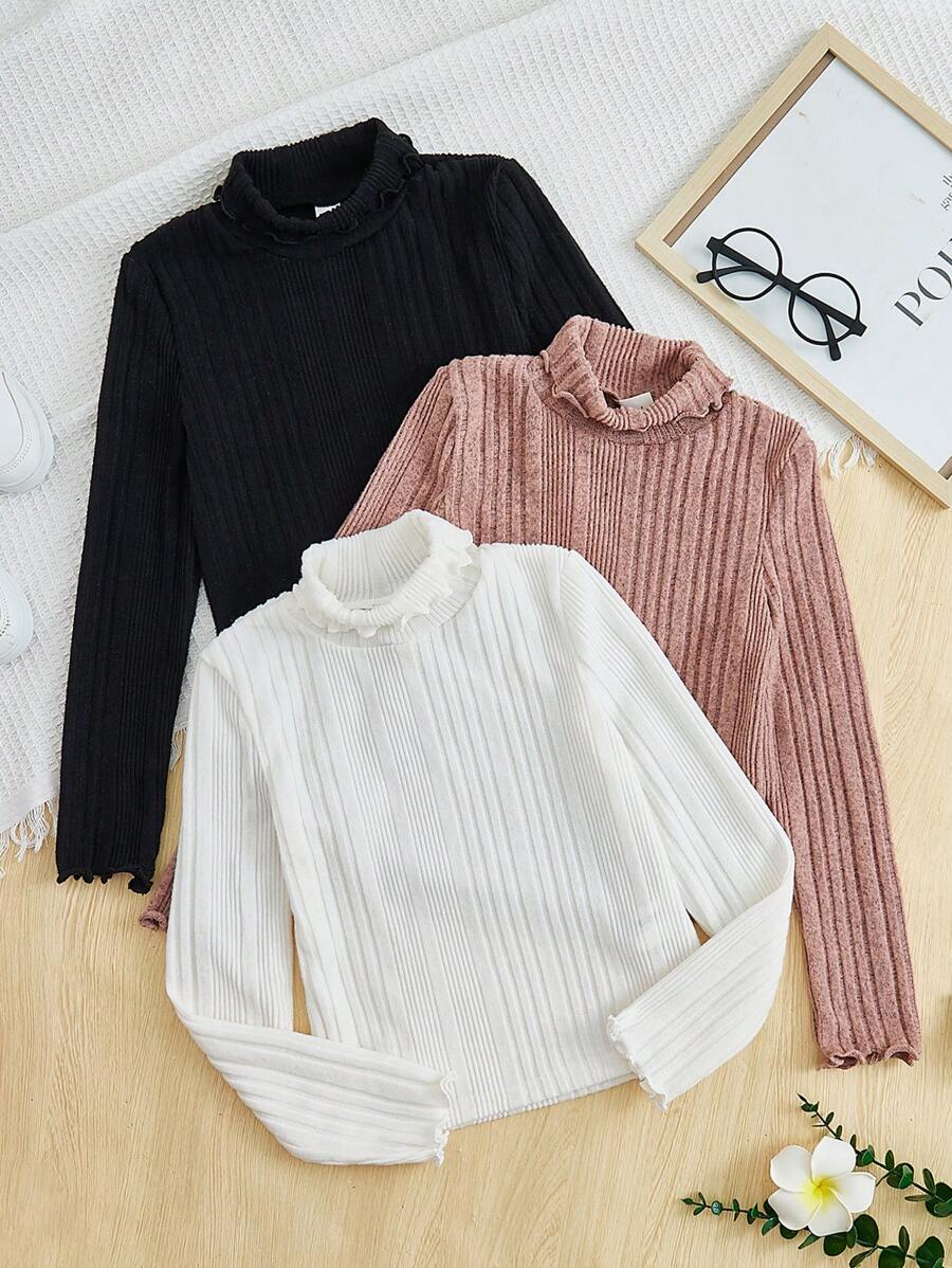 SHEIN Chica preadolescente 3 piezas Camiseta de cuello tortuga ribete en forma de lechuga tejido de canalé