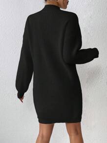 Chiquease Fashionable Versatile Stand Collar Fine Rib Knit Dress Without Belt - Black - View 2