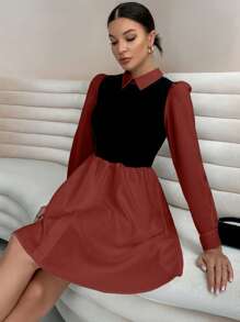 SHEIN Essnce Women's Contrast Color Patchwork Long Sleeve Turn-down Collar Dress - Red and Black - View 3