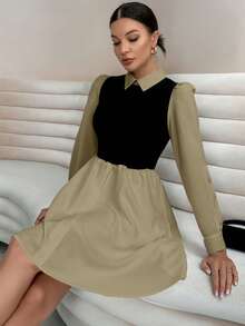 SHEIN Essnce 女式二合一翻領連身裙 - 卡其色 - 查看 3