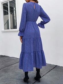 SHEIN Clasi In Toàn bộ tay áo lá sen Xù Hoa Sen Đầm Không có thắt lưng - Màu xanh ngọc - Xem 2