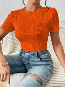 SHEIN Frenchy 女士纯色圆领镂空刺绣短袖紧身衣，时尚，返校服装，复古风格，秋季服装，7 月 4 日服装，教师服装 - 橘色 - 查看 5