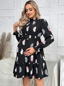 SHEIN 孕婦羽毛圖案立領長袖腰帶連衣裙 - 黑色 - 查看 1