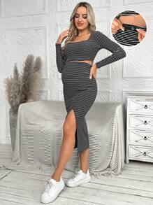 SHEIN 孕妇条纹简约两件套 - 黑與白 - 查看 1