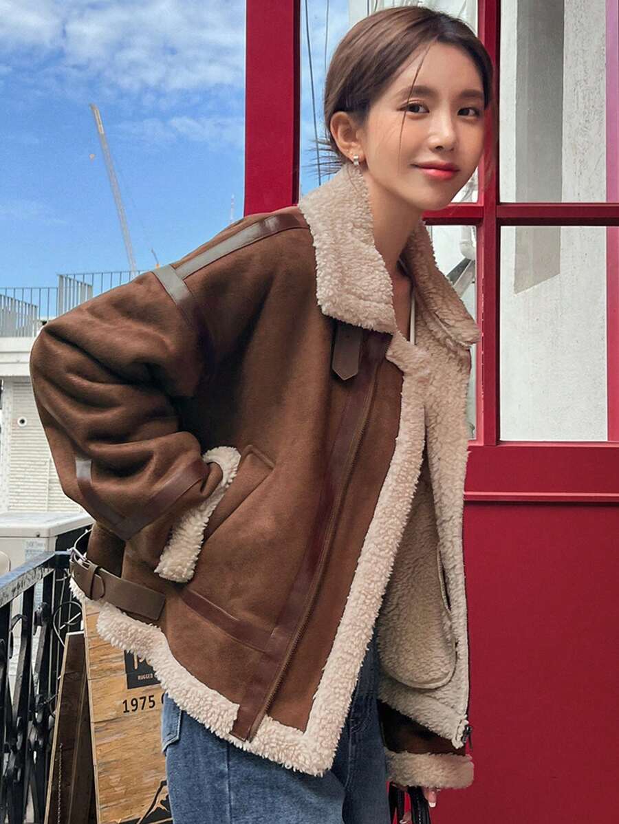 DAZY 泰迪羊毛边拼布拉链夹克，秋季女装