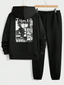 Manfinity RebelGame Men's Cartoon Character Print Hooded Sweatshirt And Long Pants Set - Black - View 1