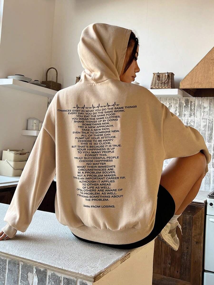 SHEIN EZwear 女款後背字母印花下垂肩連帽衫 - 卡其色 - 查看 1