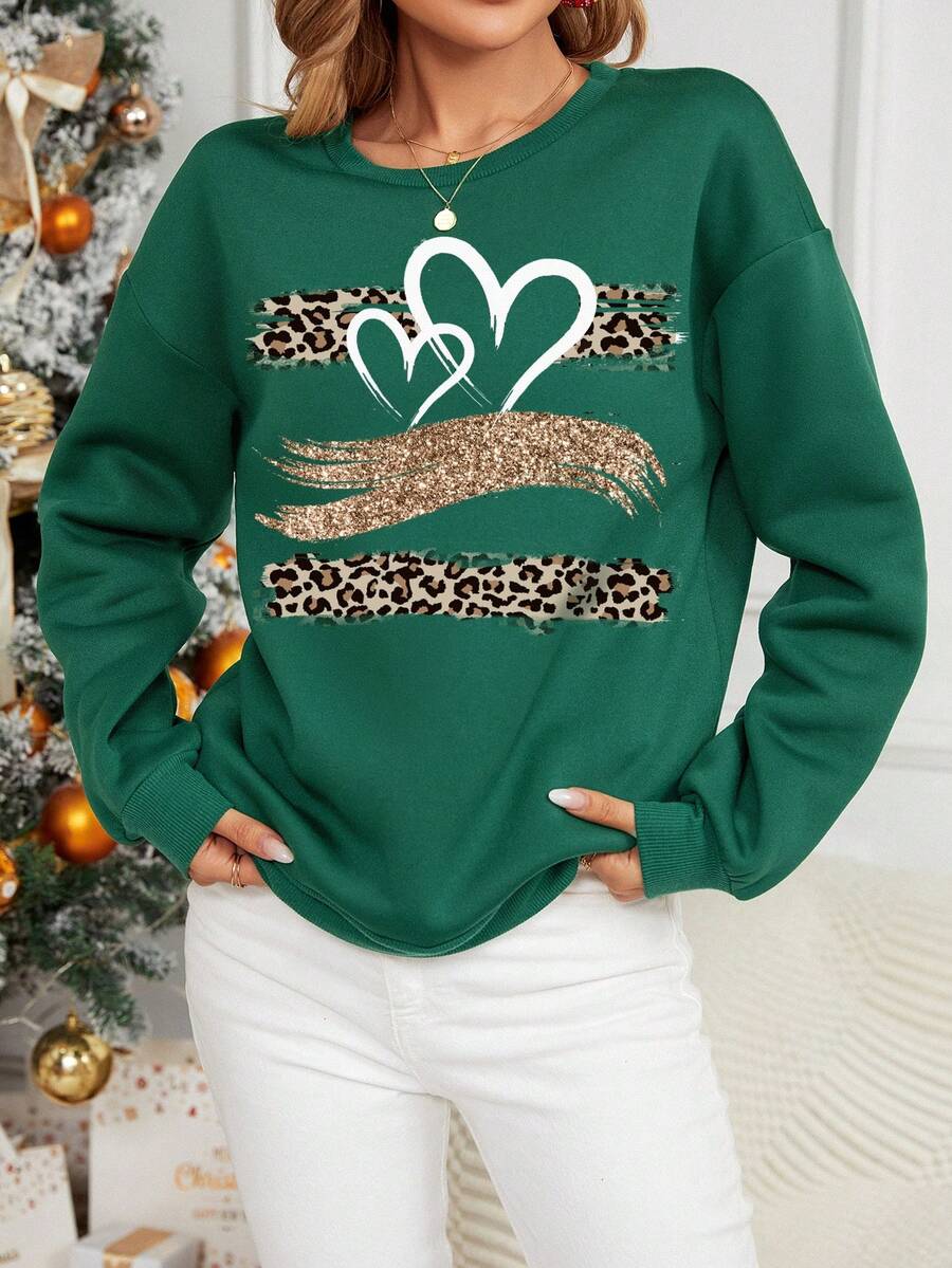 SHEIN LUNE Leopard & Heart Print Drop Shoulder Sweatshirt - Dark Green - View 1