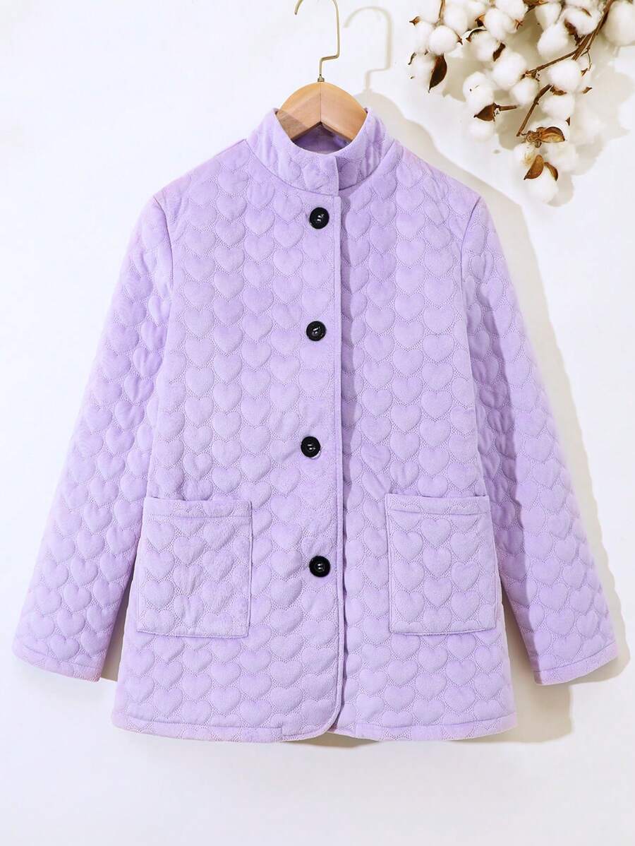 SHEIN Girls' Heart Jacquard Fabric Stand Collar Coat - Mauve Purple - View 1