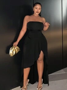 Slaydiva Plus Size Asymmetric Hem Strapless Dress - Black - View 4