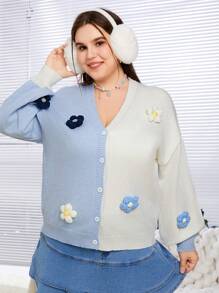 SHEIN EZwear 大尺碼女士色塊開衫,3d花卉設計 - 彩色 - 查看 4