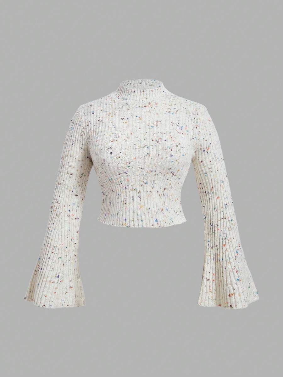 SHEIN MOD 大碼女性長袖半高領套頭毛衣 - 米色 - 查看 1