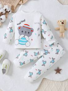 Set de 2 pijamas con forro térmico y estampado de gato para bebés y niños pequeños, adecuado para 6-24 meses, otoño/invierno