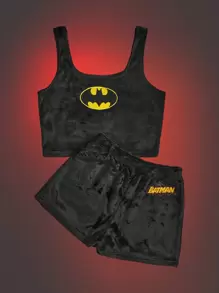 Batman X ROMWE Women's Embroidered Plush Homewear Set Outfit - Black - View 1