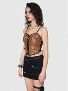 ROMWE Grunge Punk Vintage Y2K Leather Patchwork Front Lace-Up Design Women's Slip Camisole - Coffee Brown - View 4