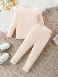 SHEIN Young Girls Cartoon Character & Letter Printed Cap Sleeve T-Shirt With Ruffle Trim & Long Pants Set - Multicolor - View 2