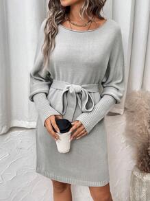 SHEIN LUNE 女款蝙蝠袖束帶毛衣連身裙 - 淺灰色 - 查看 1