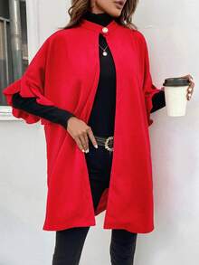 SHEIN Clasi 1pc Ruffle Trim Batwing Sleeve Open Front Overcoat - Red - View 5