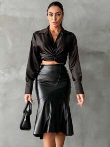 EURMUSE Women's Pu Leather Mermaid Hem Skirt - Black - View 4