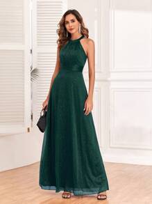 無袖透視a字禮服 - 墨綠色 - 查看 1