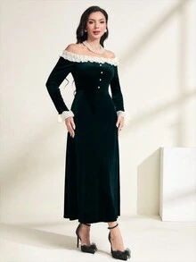 Modelyn Women's Spliced Frill Hem Off Shoulder Dress With Flounce Sleeve, Belt Not Included - Dark Green - View 6