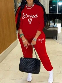 INAWLY Giải trí Lá thư In Áo nỉ Và Quần thể thao Bộ - Đỏ - Xem 1