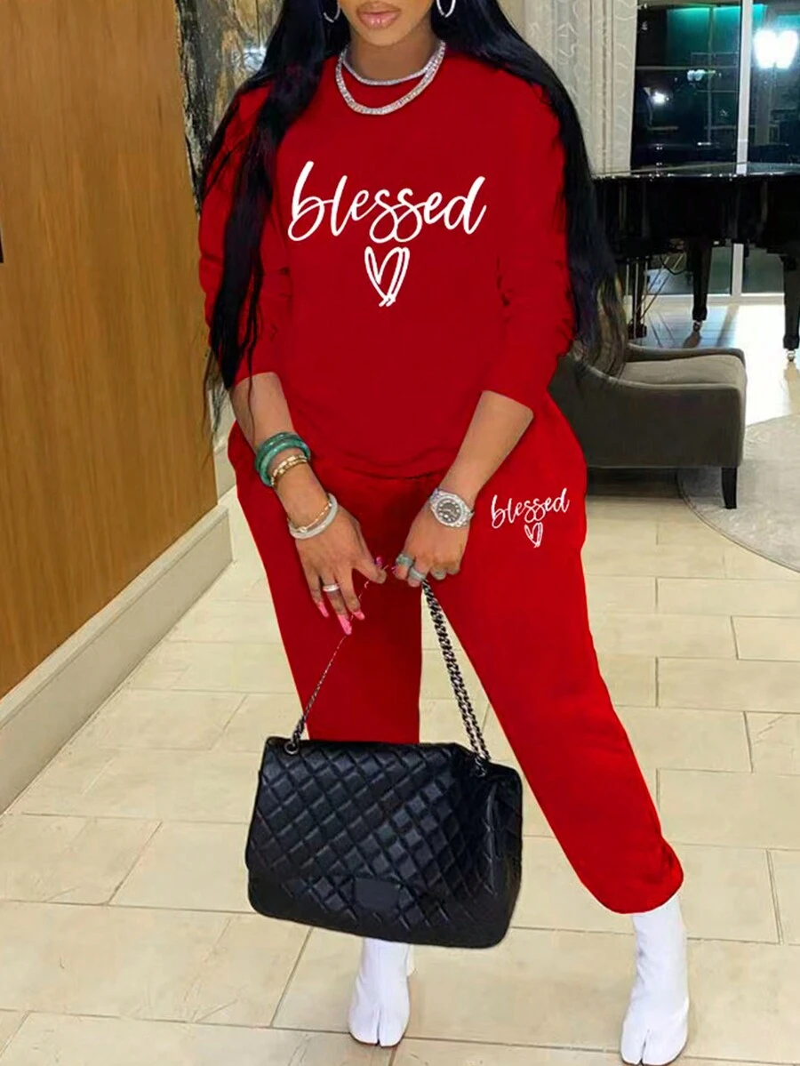 INAWLY Giải trí Lá thư In Áo nỉ Và Quần thể thao Bộ - Đỏ - Xem 1