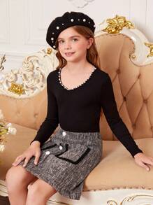 SHEIN Tween Girls' Knitted Beaded Round Neck Elegant T-Shirt