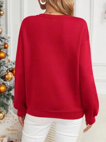SHEIN LUNE Leopard & Heart Print Drop Shoulder Sweatshirt - Red - View 2