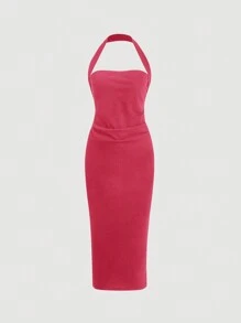 SHEIN Privé Solid Backless Halter Neck Bodycon Dress - Hot Pink - View 1