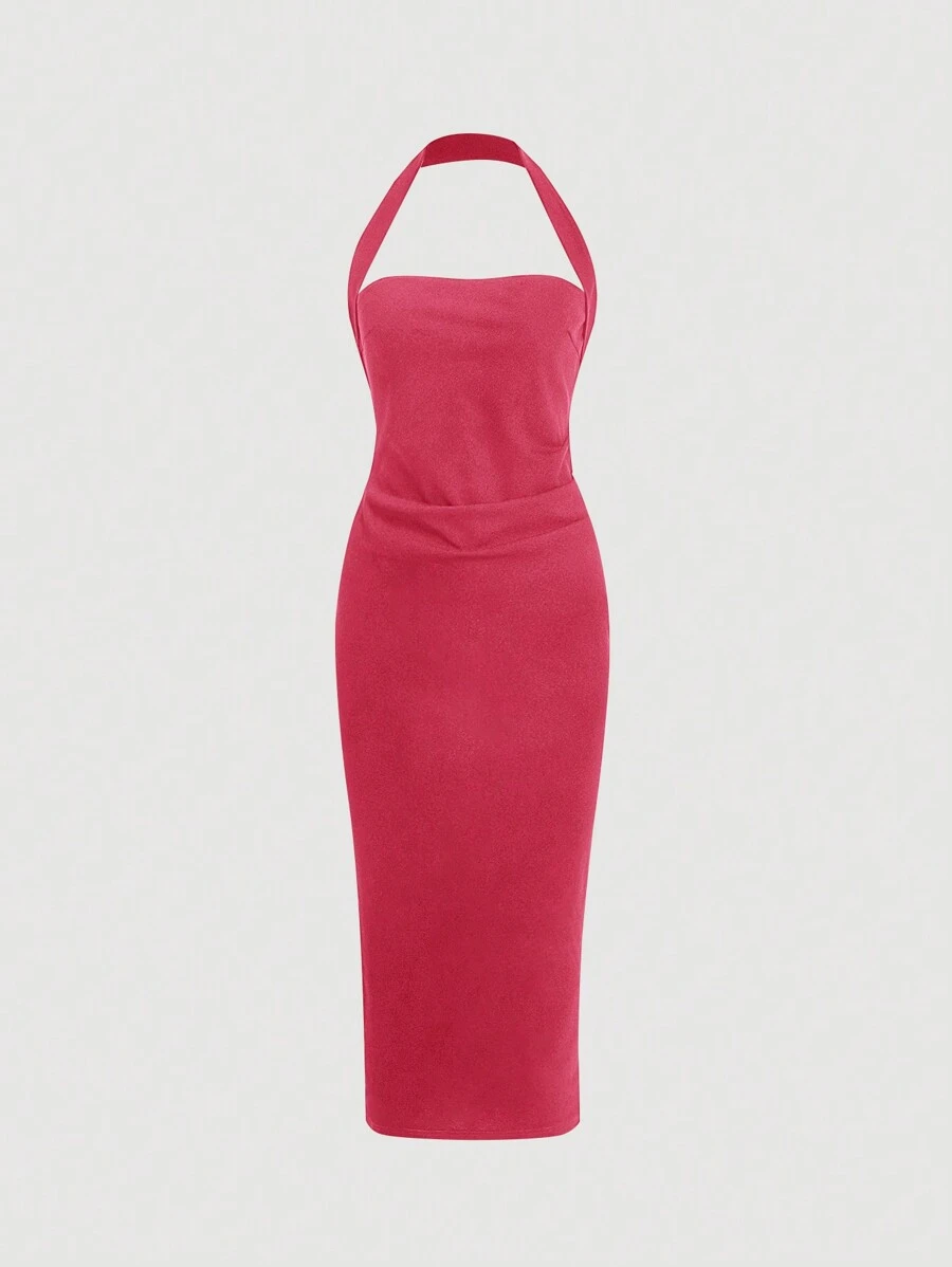 SHEIN Privé Solid Backless Halter Neck Bodycon Dress - Hot Pink - View 1