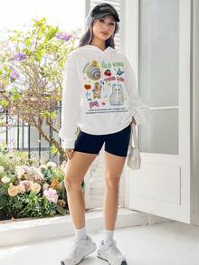 SHEIN Qutie Slogan & Cartoon Graphic Drop Shoulder Drawstring Hoodie - White - View 6