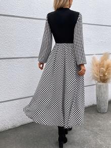 SHEIN LUNE Women's Fashionable Houndstooth Pattern Splice Long Sleeve Dress - Black - View 2