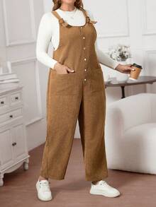 SHEIN LUNE Women's Plus Size Button Detail Bib Overalls With Double Pockets - Brown - View 3