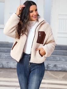 Women's Casual Faux Fur Jacket For Autumn/Winter - Beige - View 4