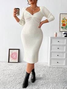 Celure Plus Size Solid Color Front Twist Knitted Sweater Dress With Sweetheart Collar - White - View 4