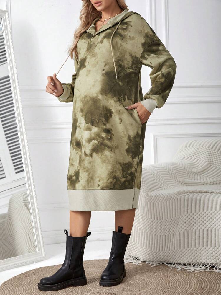 Maternity Tie Dye High Slit Drawstring Hooded Drop Shoulder Dress