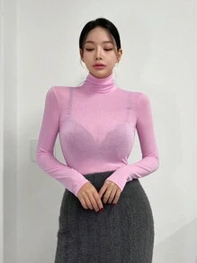 DAZY 女款高領緊身純色t恤 - 粉色 - 查看 8