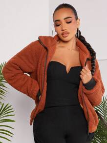 SHEIN SXY Sexy Club Teddy Fleece Women'S Padded Coat - Khaki - View 1