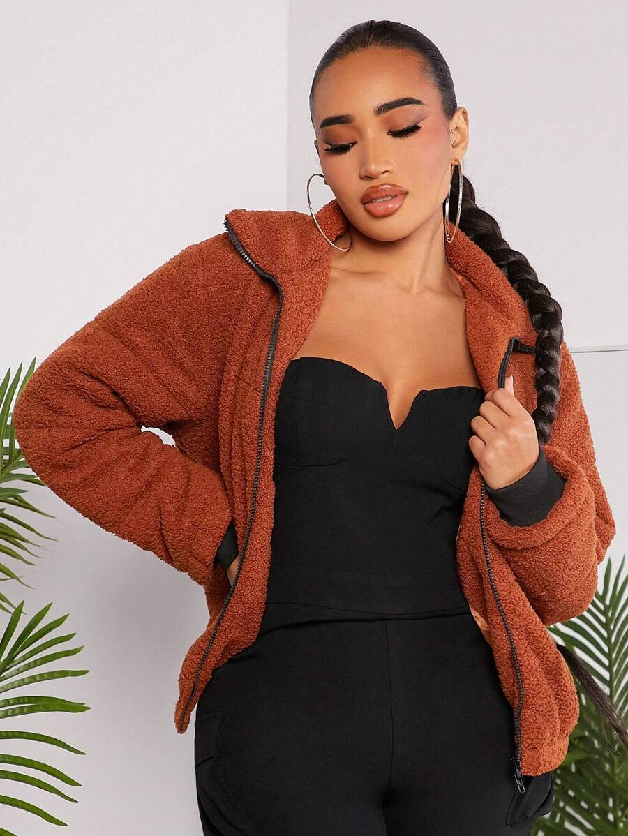 SHEIN SXY Sexy Club Teddy Fleece Women'S Padded Coat - Khaki - View 1