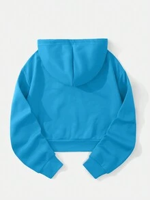 SHEIN EZwear 字母圖案連帽長袖短款運動衫 - 藍色 - 查看 2