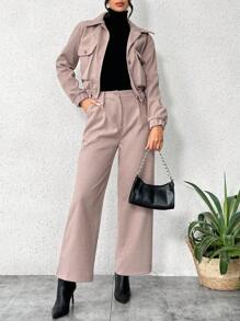 SHEIN Essnce Quý cô Màu thuần Cổ áo sơ mi Với Lớn Túi Áo Và Len áo Bộ , 2 Miếng - Màu Khaki - Xem 3