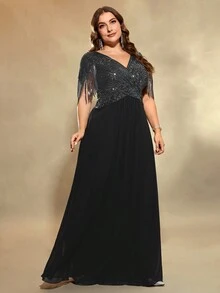 Plus Size Sequin Patchwork Fringe Chiffon Party Dress - Black - View 4
