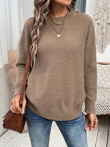 SHEIN LUNE Women's Round Hem Texture Loose Sweater - Mocha Brown - View 5