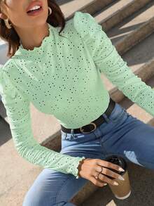 SHEIN Frenchy 刺繡領泡泡袖t卹 - 綠色 - 查看 6