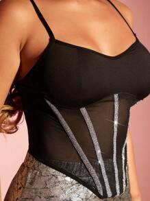 SHEIN SXY Sexy Nightclub Black Mesh Embellished Shiny Details Gorgeous Women'S Halter Top - Black - View 5